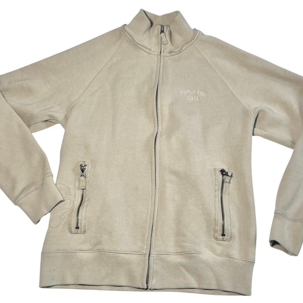 Vintage Triple Five Soul Sweater Mens Large Khaki Elbow Patches Full Zip Y2K
